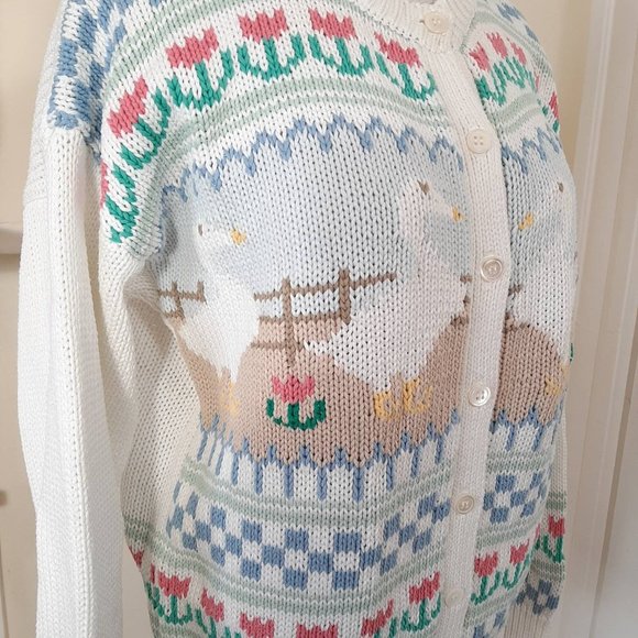 Eddie Bauer Sweaters - 80s Geese RARE Cottagecore Scene 100% Cotton Knit Cardigan Sweater